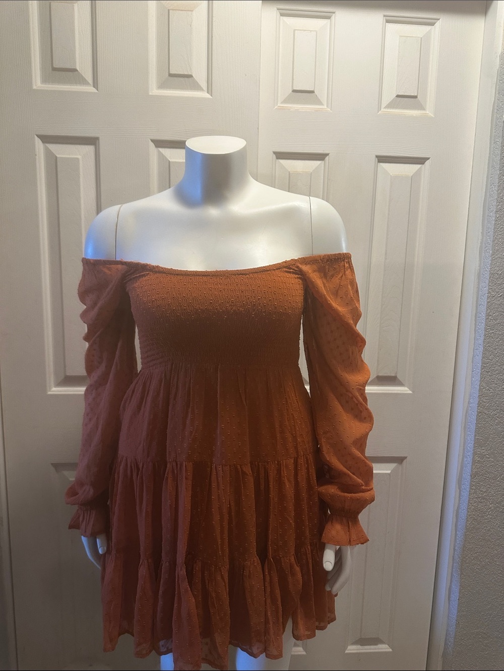 Patrons of Peace Rust Off-Shoulder Tiered Midi Dress